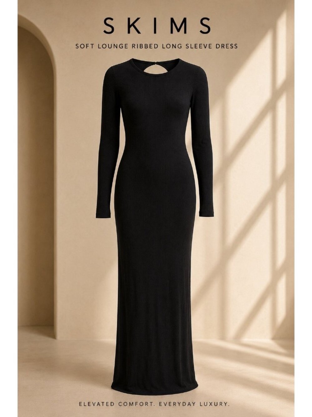 SKIMS Soft Lounge Ribbed Long Sleeve Maxi Dress Black Back Cutout Size Medium